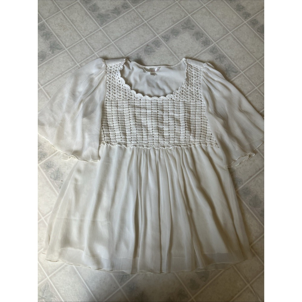 Ivory boho Crochet Chiffon Cottagecore Empire Waist Tunic Loose Coquette Fairy